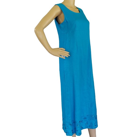 Vintage Sag Harbor Linen Dress Women's 6P Sleeveless Midi Blue Beads & Sequins - Picture 1 of 9